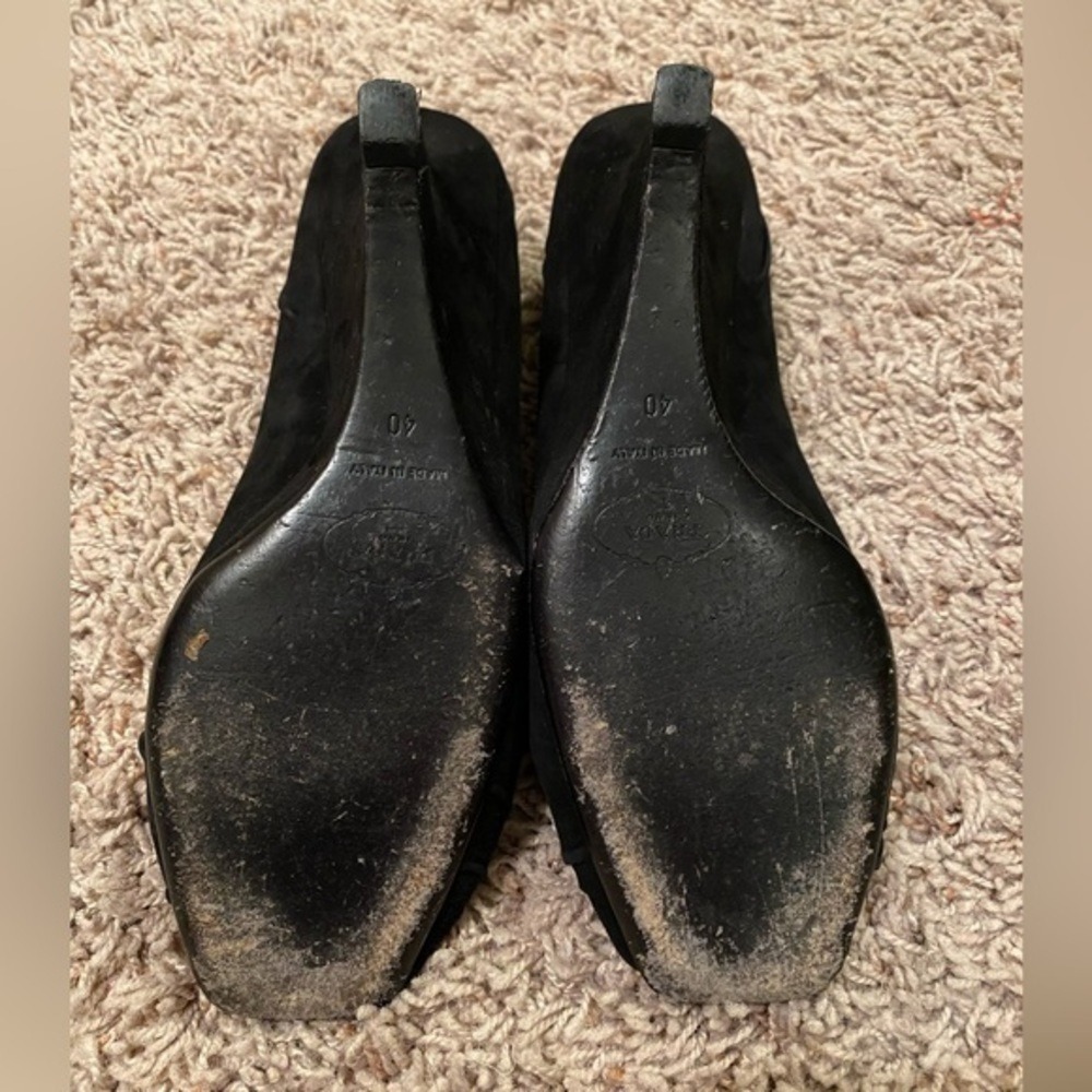 Prada Y2K Black Suede Peep Toe Wedge Pumps Square Toe Leather IT 40 US 9.5-10 - Picture 12 of 13